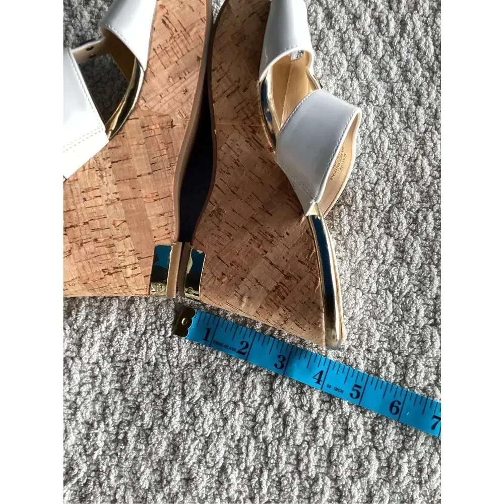 Marc Fisher Women's wedges sandals white straps gold tones cork platform heel 7